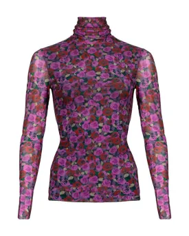 Ganni Floral Print Mesh Sleeve Turtleneck