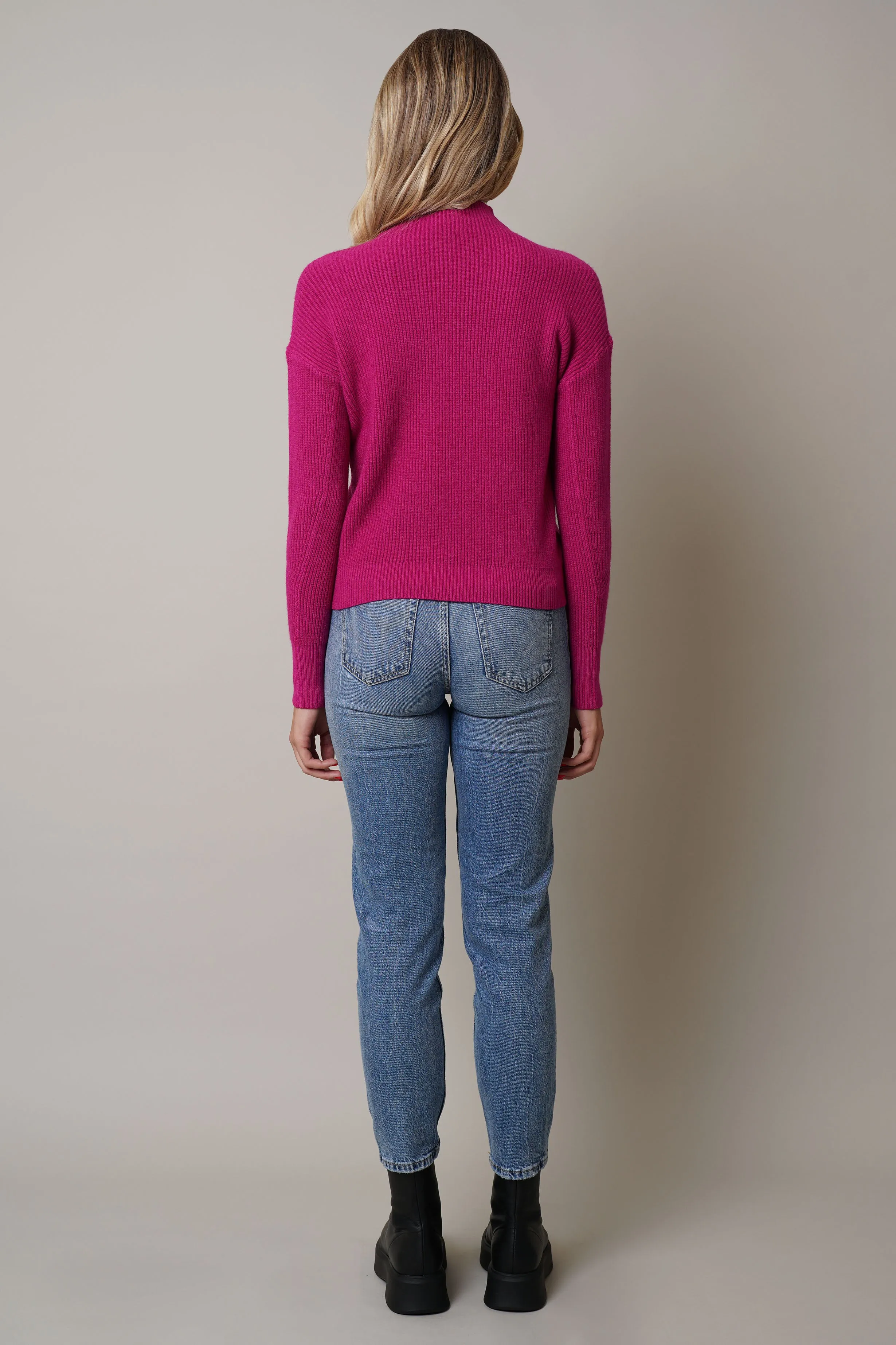 Ribbed Funnel Neck Sweater with Slit Cuff