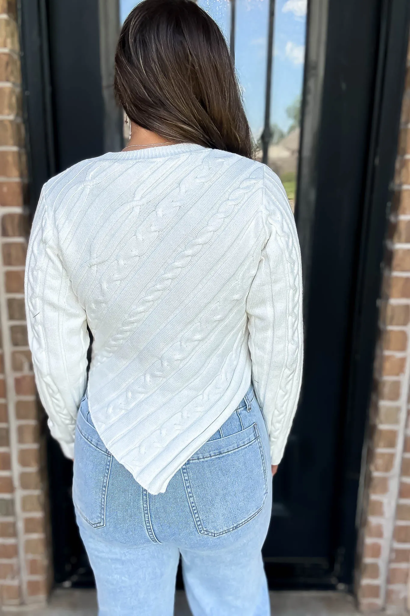 White Long Sleeve Cable Sweater